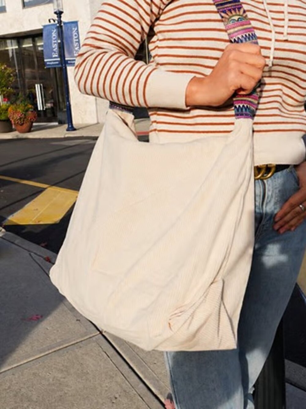 BEIGE Corduroy Crossbody Bag, Large Slouchy Tote, Guitar Strap Shoulder Bag